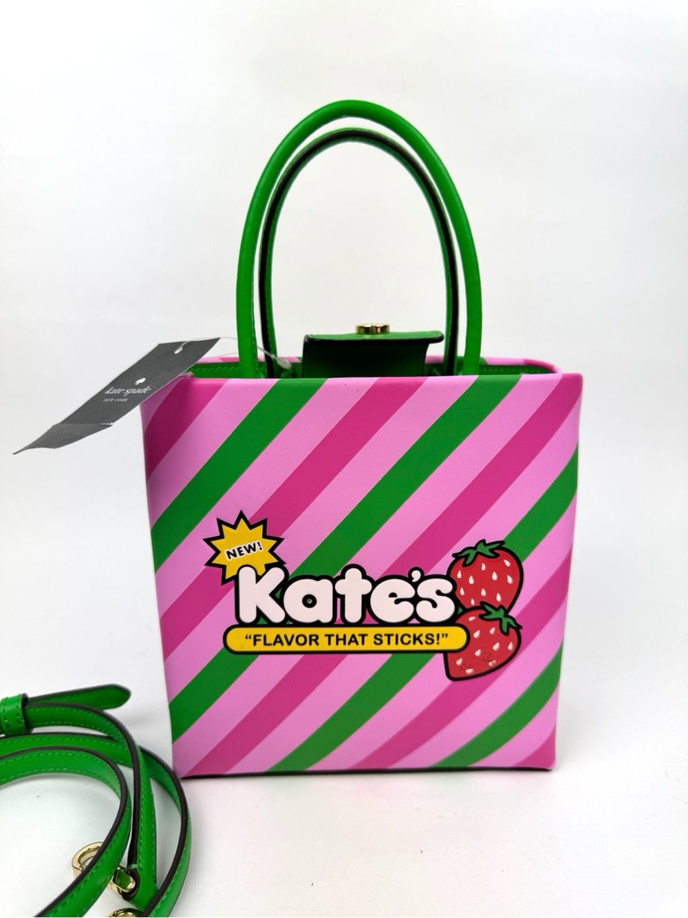 Kate Spade Strawberry Candy Graphic Pink Green Mini Tote Bag Stripe Chewing Gum